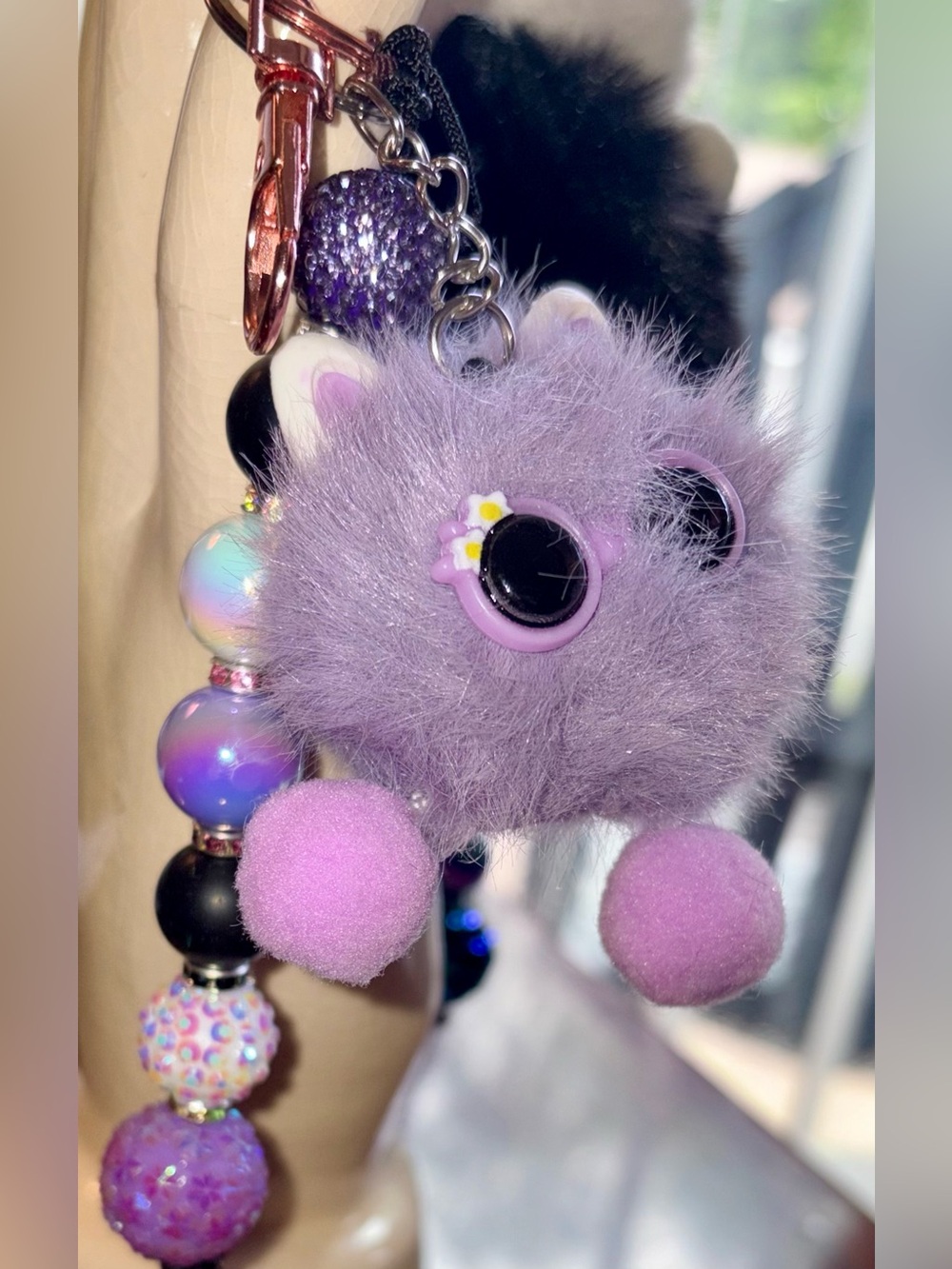 Purple Fluffy cat bag charm with holographic and rhinestone beaded bag charm